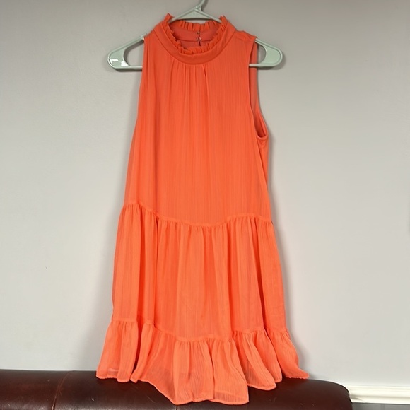 Bleecker 126 Ruffled High Neck Tiered Swing Dress, Medium  orange/salmon - Picture 1 of 11